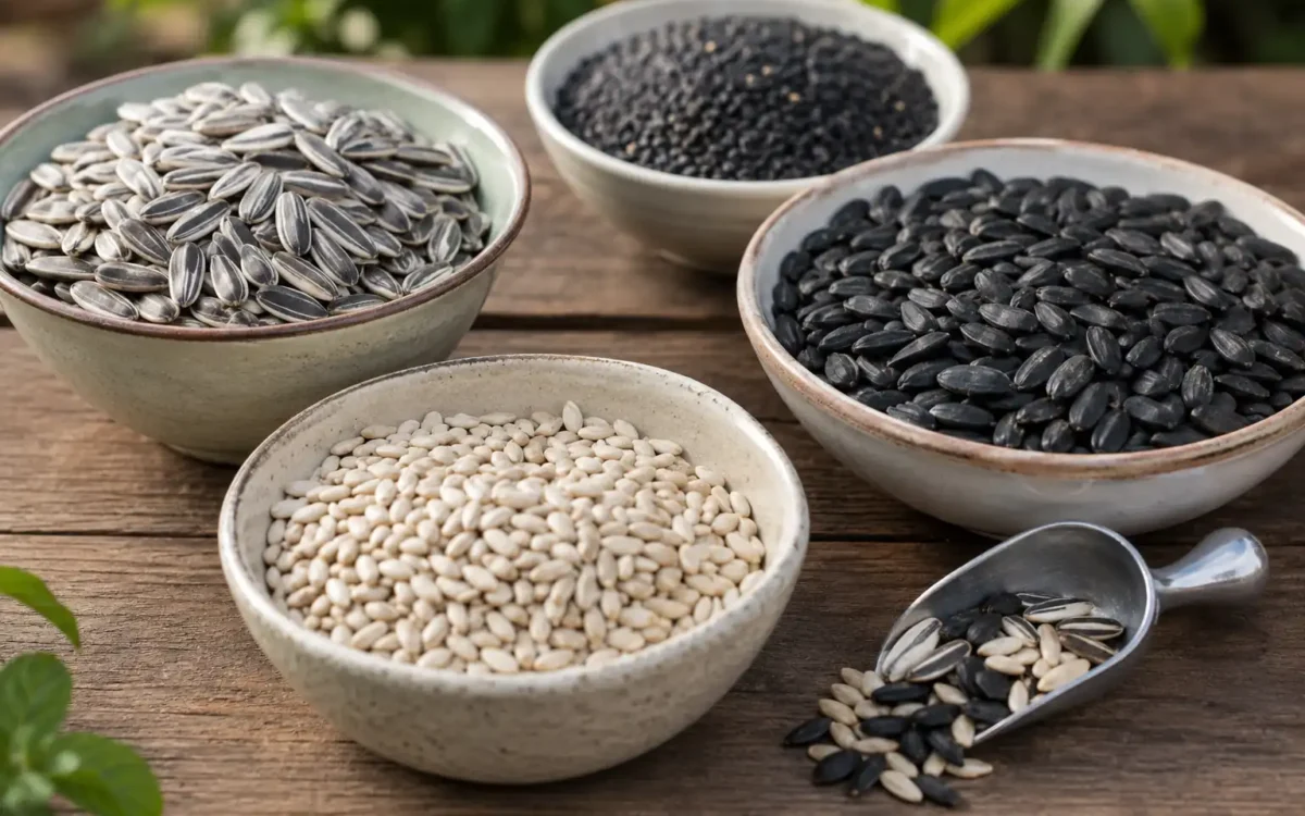 Different types of bird seed in bowls — best bird seed for backyard birds comparison