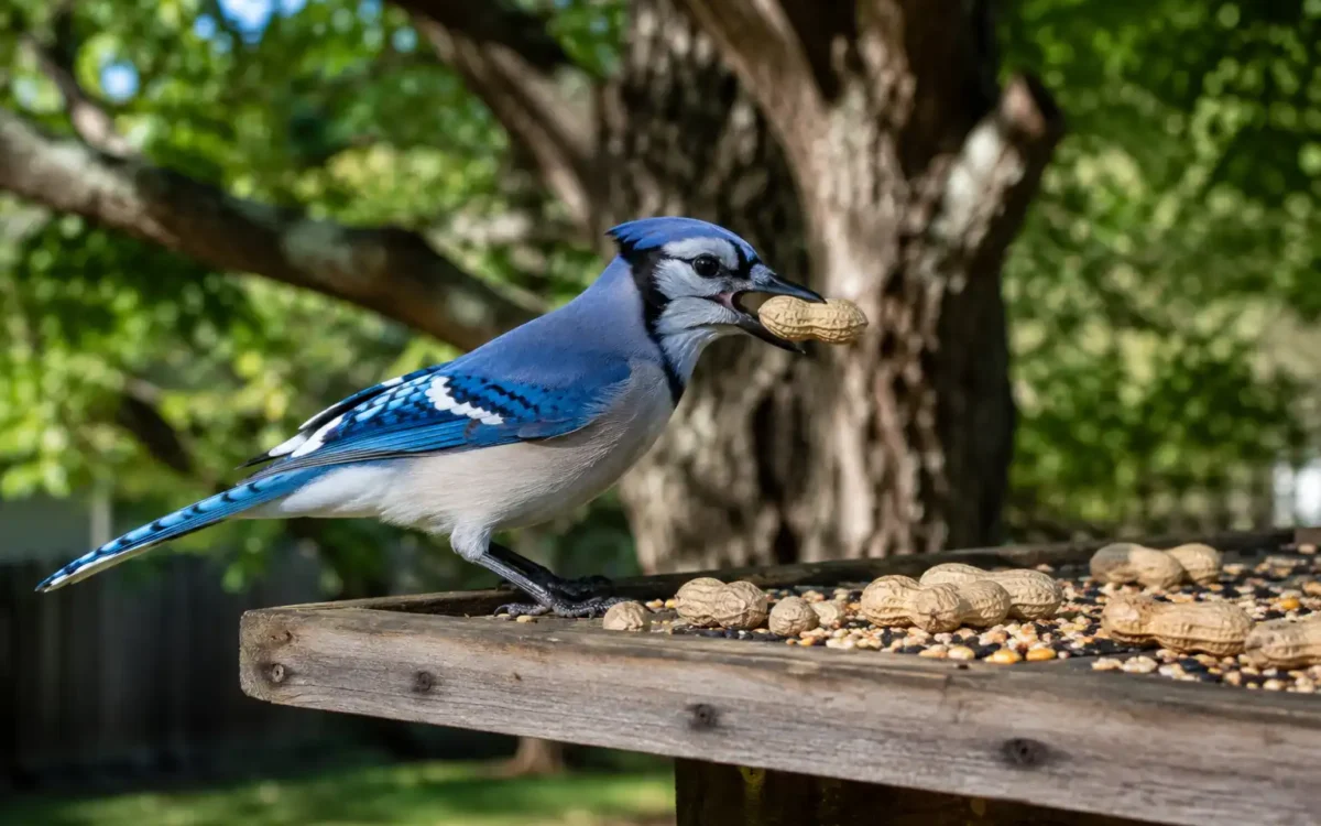 Blue jay holding a peanut on a platform feeder — how to attract blue jays to your backyard