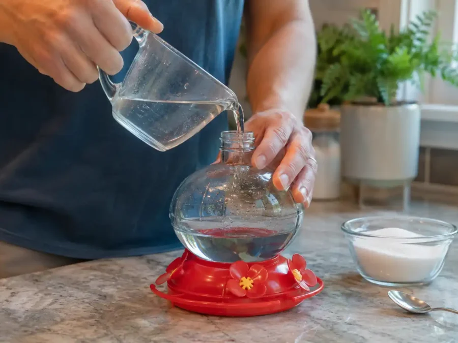 Pouring fresh nectar into a feeder — how to make hummingbird nectar the right way at home