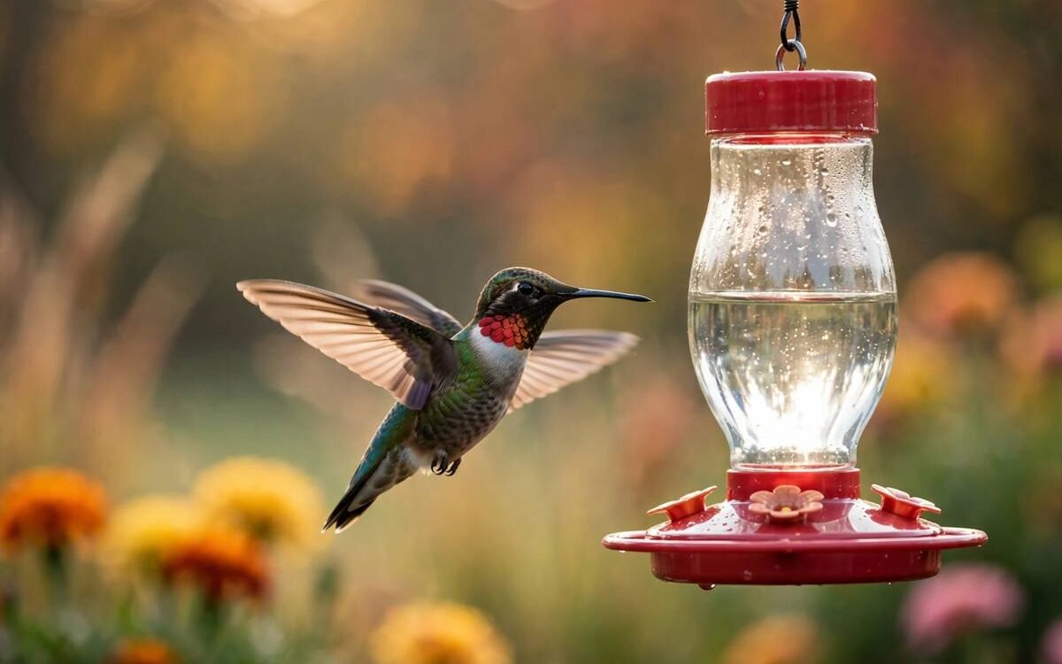 Ruby-throated hummingbird hovering at a glass nectar feeder in a sunny backyard garden