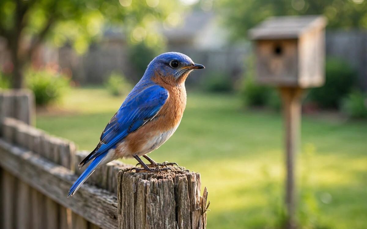 Eastern Bluebird perched on a wooden fence post in a sunny backyard with a nest box in the background