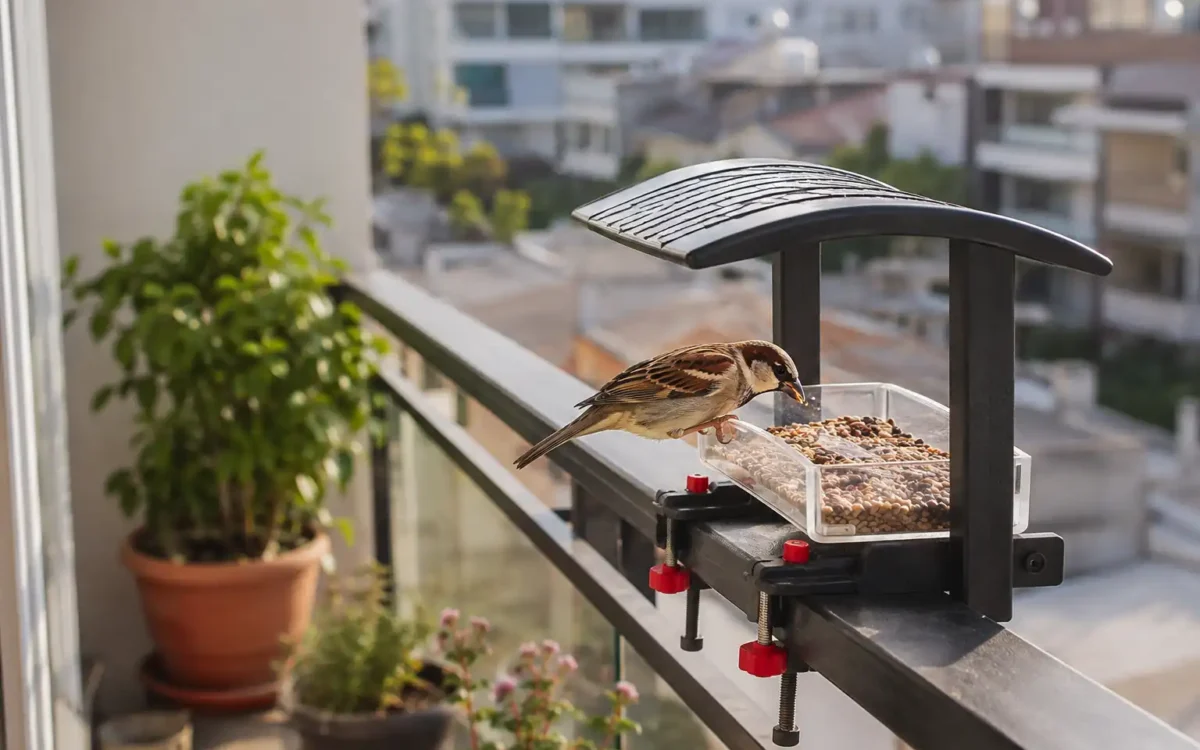 Bird feeder mounted on an apartment balcony railing — bird feeding on an apartment balcony