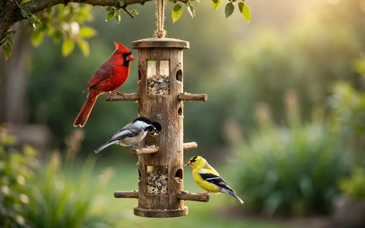 Birds not coming to your feeder? Songbirds feeding at a backyard bird feeder