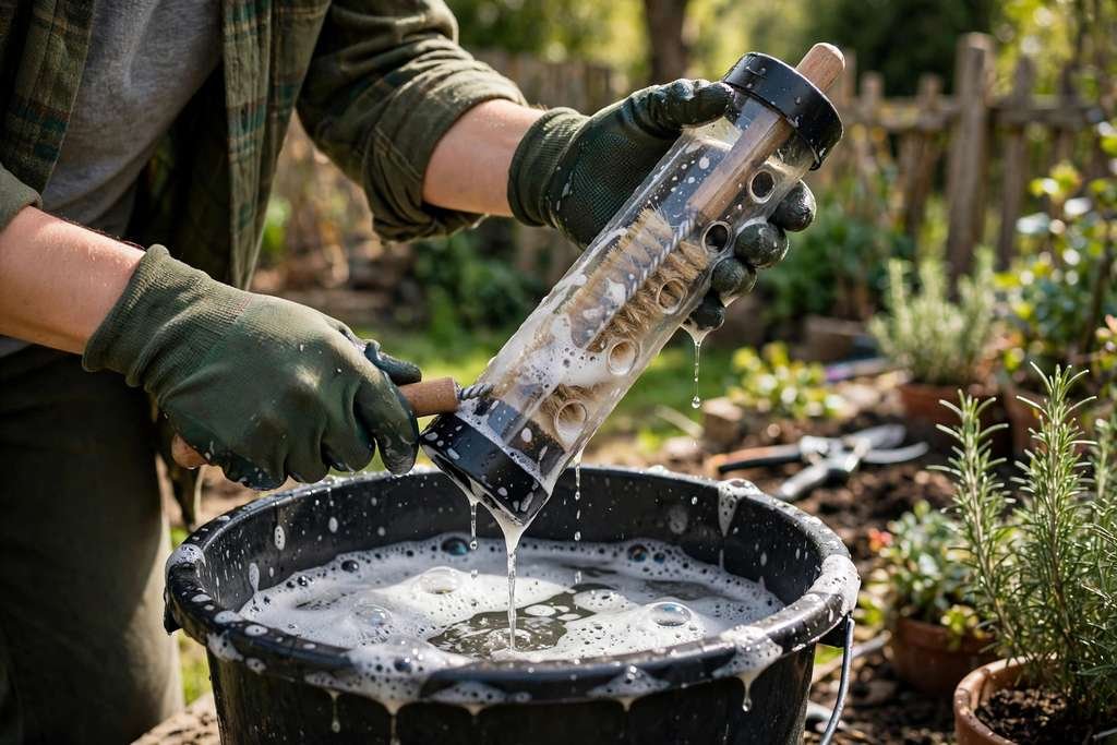 Cleaning a bird feeder with a brush and soapy water — how to clean bird feeders