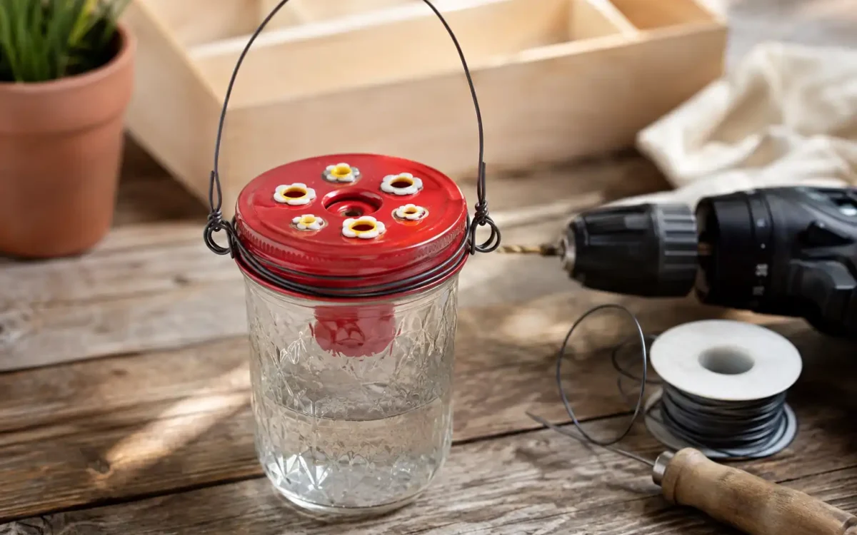 Homemade mason jar hummingbird feeder with wire hanger — DIY hummingbird feeder tutorial