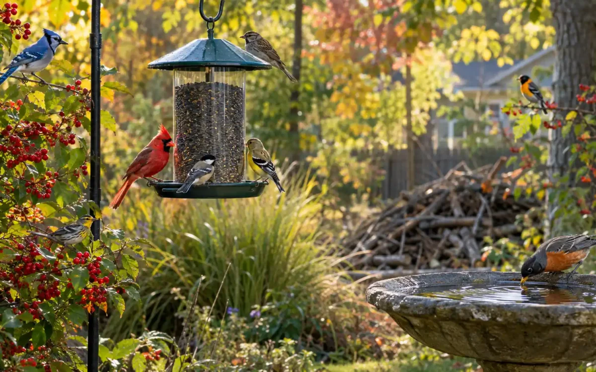 How to attract birds during fall migration with a backyard feeder, water, and shelter