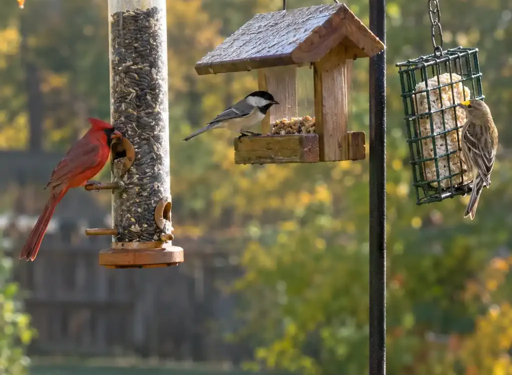 Backyard feeder setup showing how to feed backyard birds with sunflower seed and suet