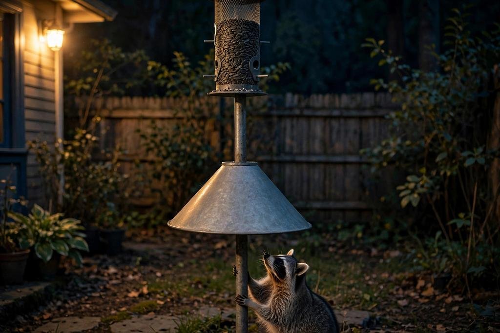 Raccoon blocked by a cone baffle on a bird feeder pole — how to keep raccoons away from bird feeders