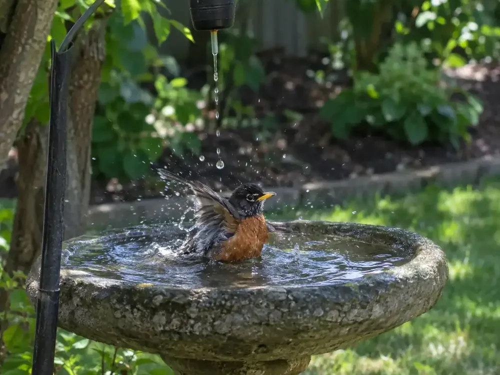 Robin splashing in a bird bath for backyard birds