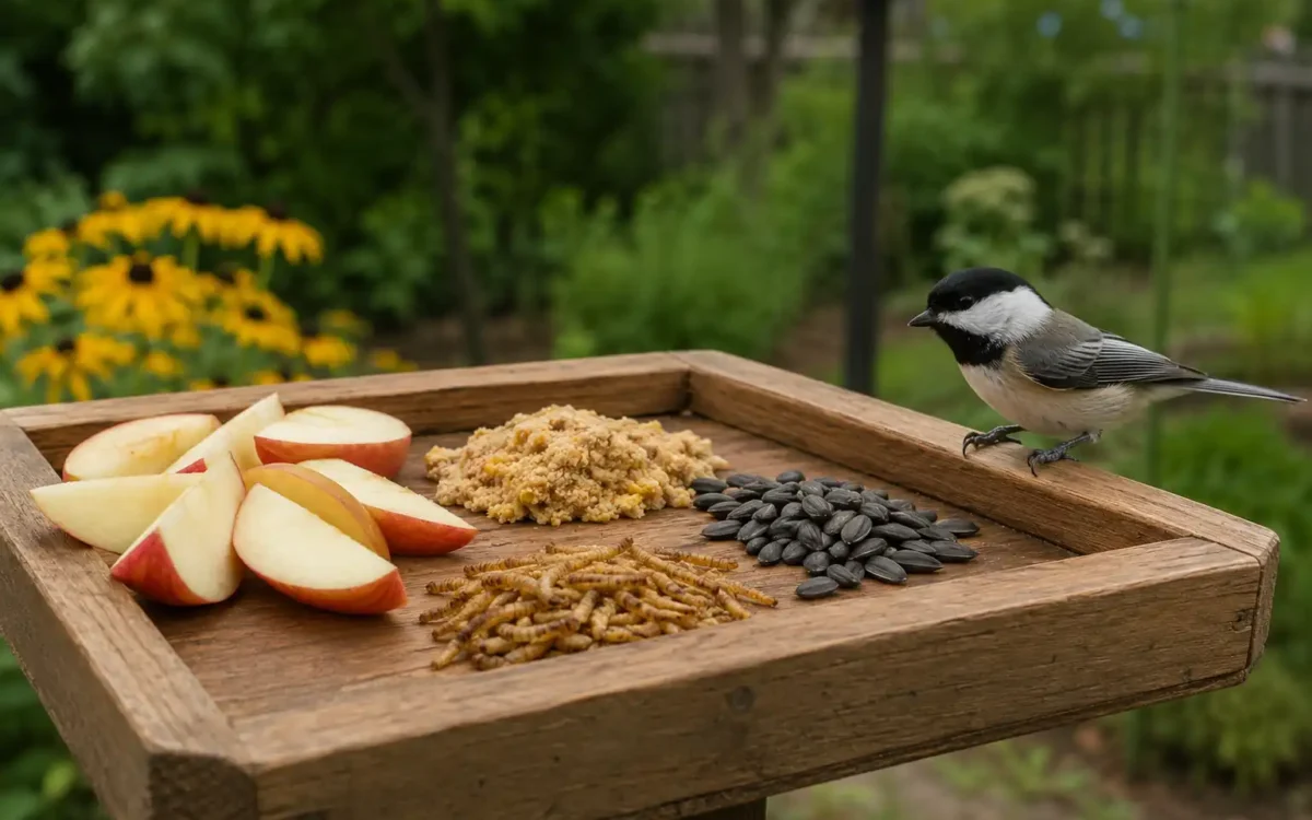 Variety of foods on a platform feeder with a chickadee — best bird food for backyard birds