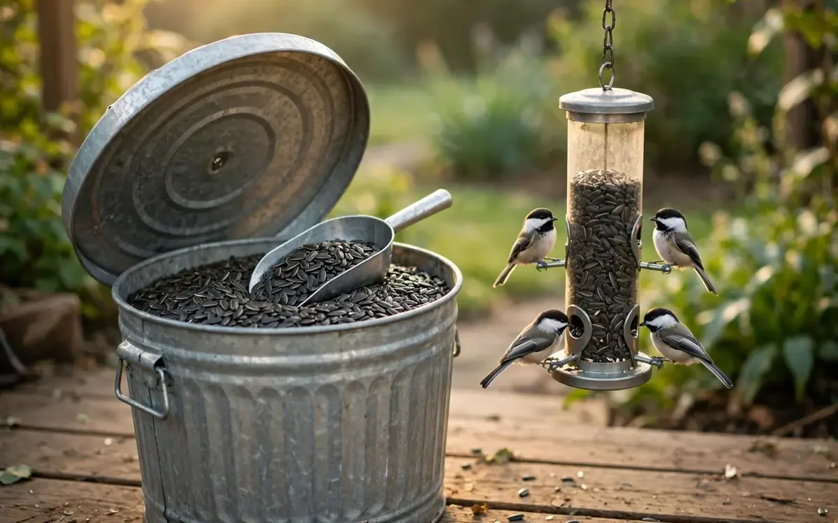 Galvanized metal storage bin of black-oil sunflower seed with a scoop, beside a hanging tube feeder with chickadees