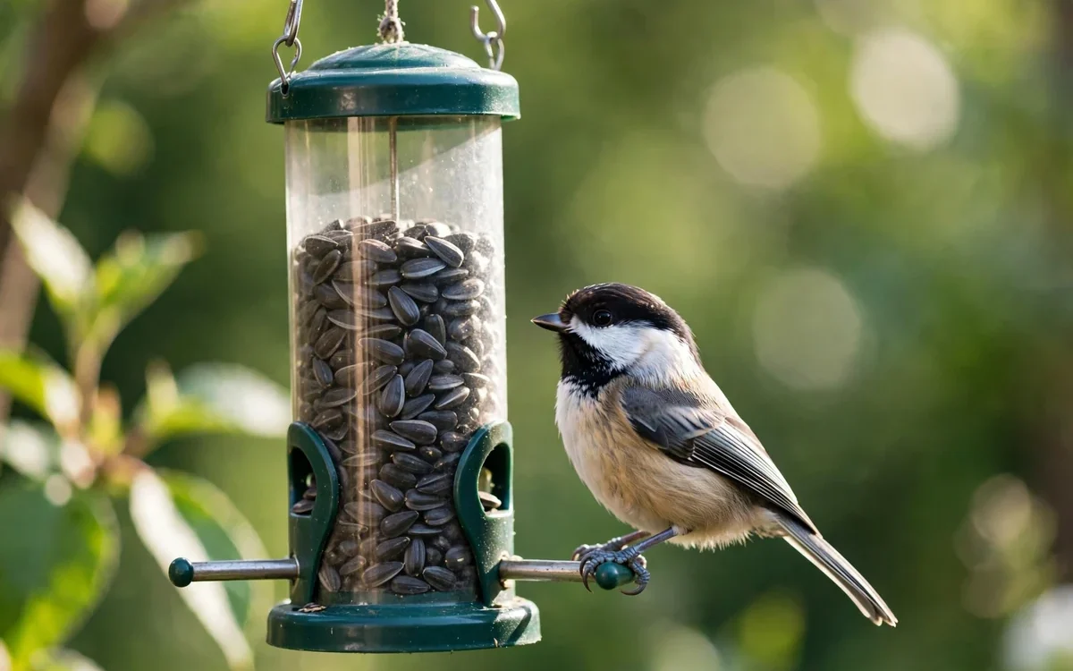 Black-capped chickadee perched on a tube bird feeder filled with black oil sunflower seeds
