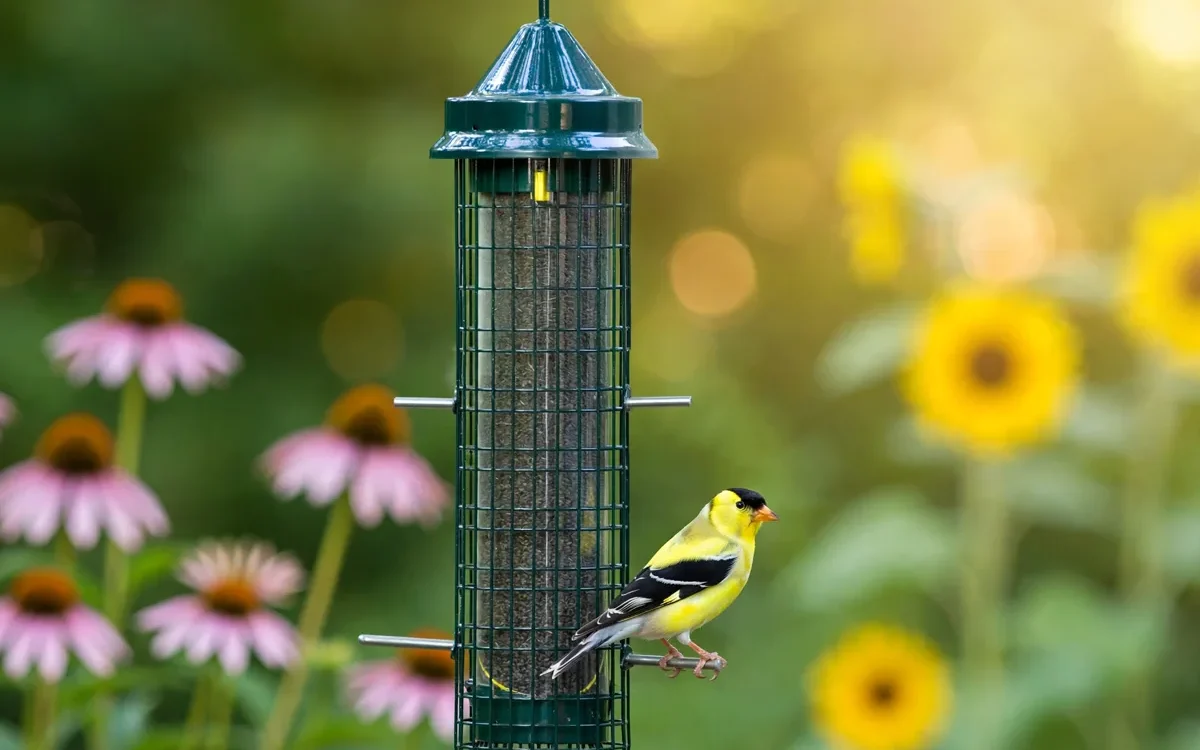 Bright yellow male American goldfinch with black cap perched on a nyjer tube feeder in a sunny backyard garden with coneflowers