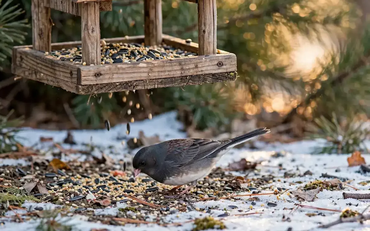Dark-eyed junco foraging on snow under a platform feeder — how to attract dark-eyed juncos to your backyard