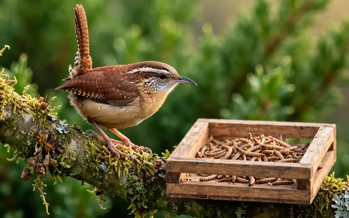 Carolina wren with upright tail and white eyebrow stripe perched on a mossy branch beside a tray feeder — how to attract wrens to your backyard