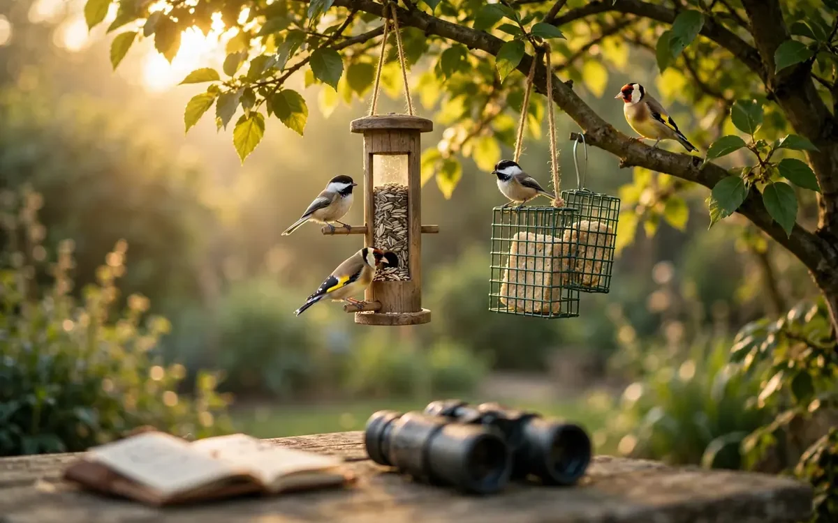 Backyard bird feeders at sunrise with chickadees and goldfinches, binoculars and notebook on a garden table — October Big Day backyard birding plan